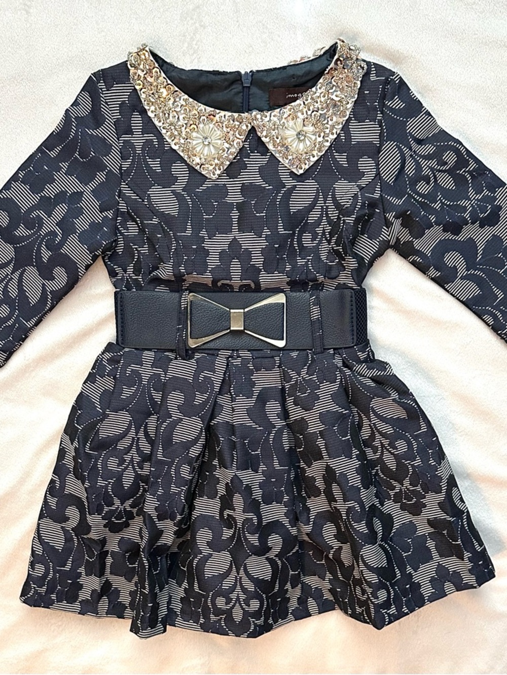 Imoga Tina Navy Blue Dress 3T Jeweled Sequined Collar Bow Belt Toddler NEW NWT